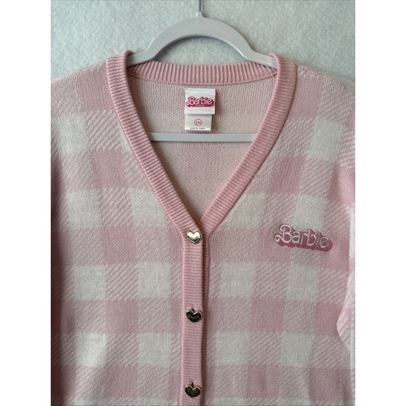 Hot Topic Barbie Pink Gingham Patch Cardigan M Preppy Retro Academia Nostalgia - Picture 3 of 8